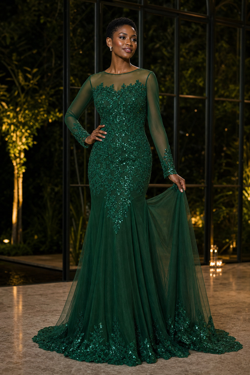 Illusion Neck Long Sleeve Mermaid Sequin Floor-Length Dress With Train