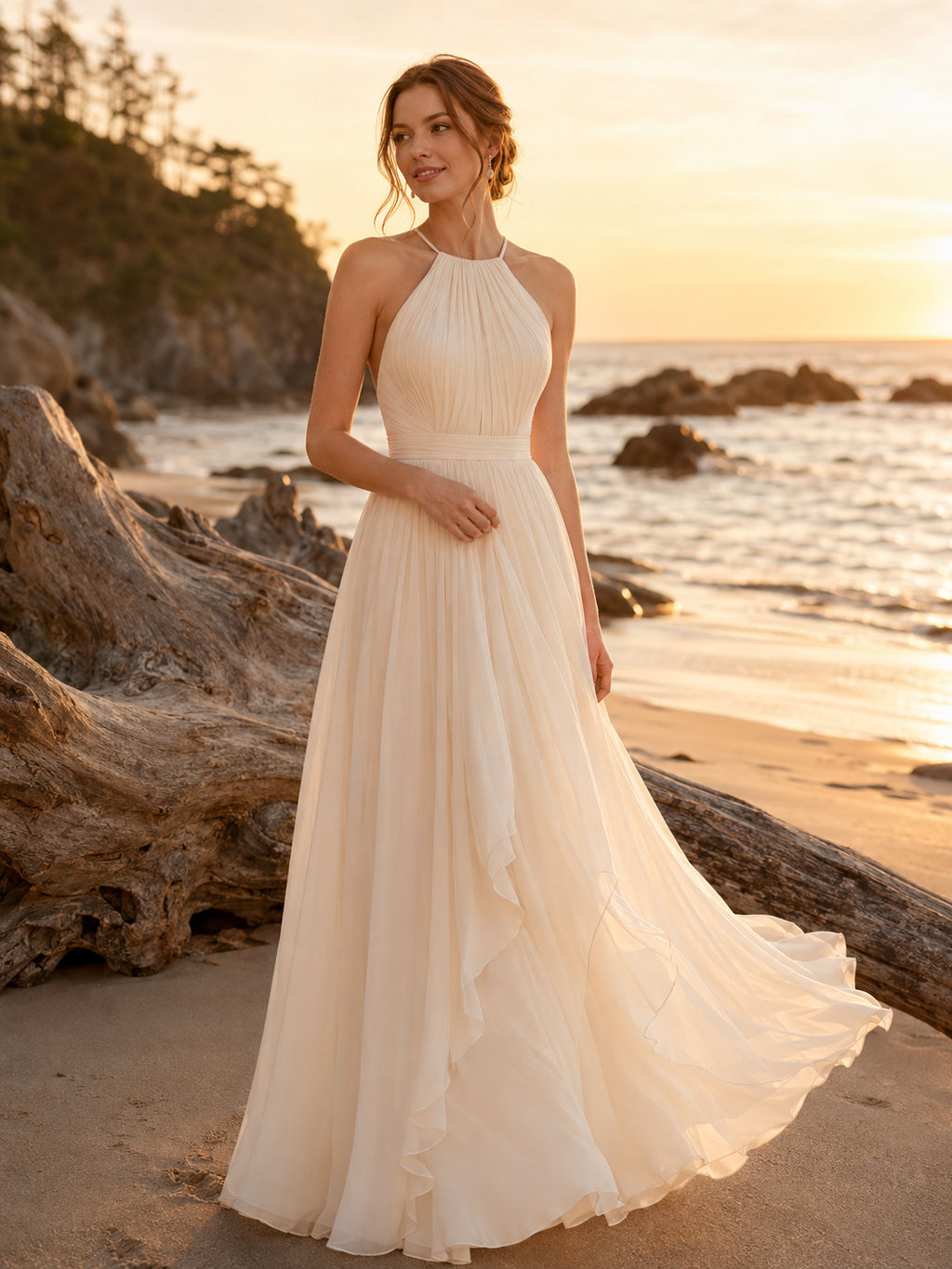 High Neck Halter Pleated Chiffon Beach Bridal Gown front view