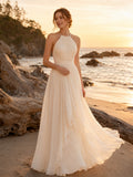 High Neck Halter Pleated Chiffon Beach Bridal Gown front view