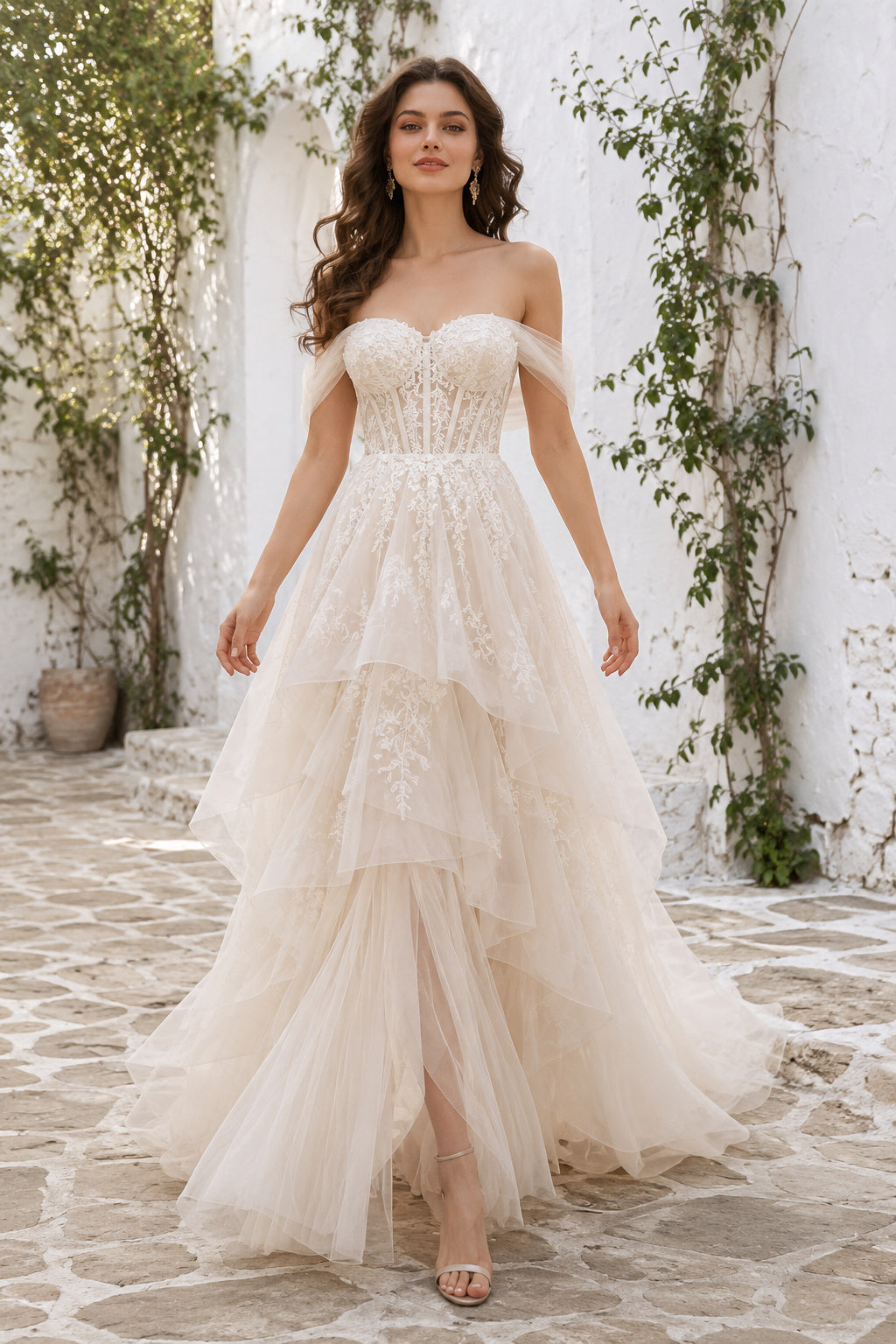 Ivory Off-the-Shoulder Tiered High-Low Wedding Dress with Lace Bodice front view