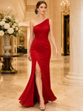 Red one shoulder ruched high slit charity gala gown front view