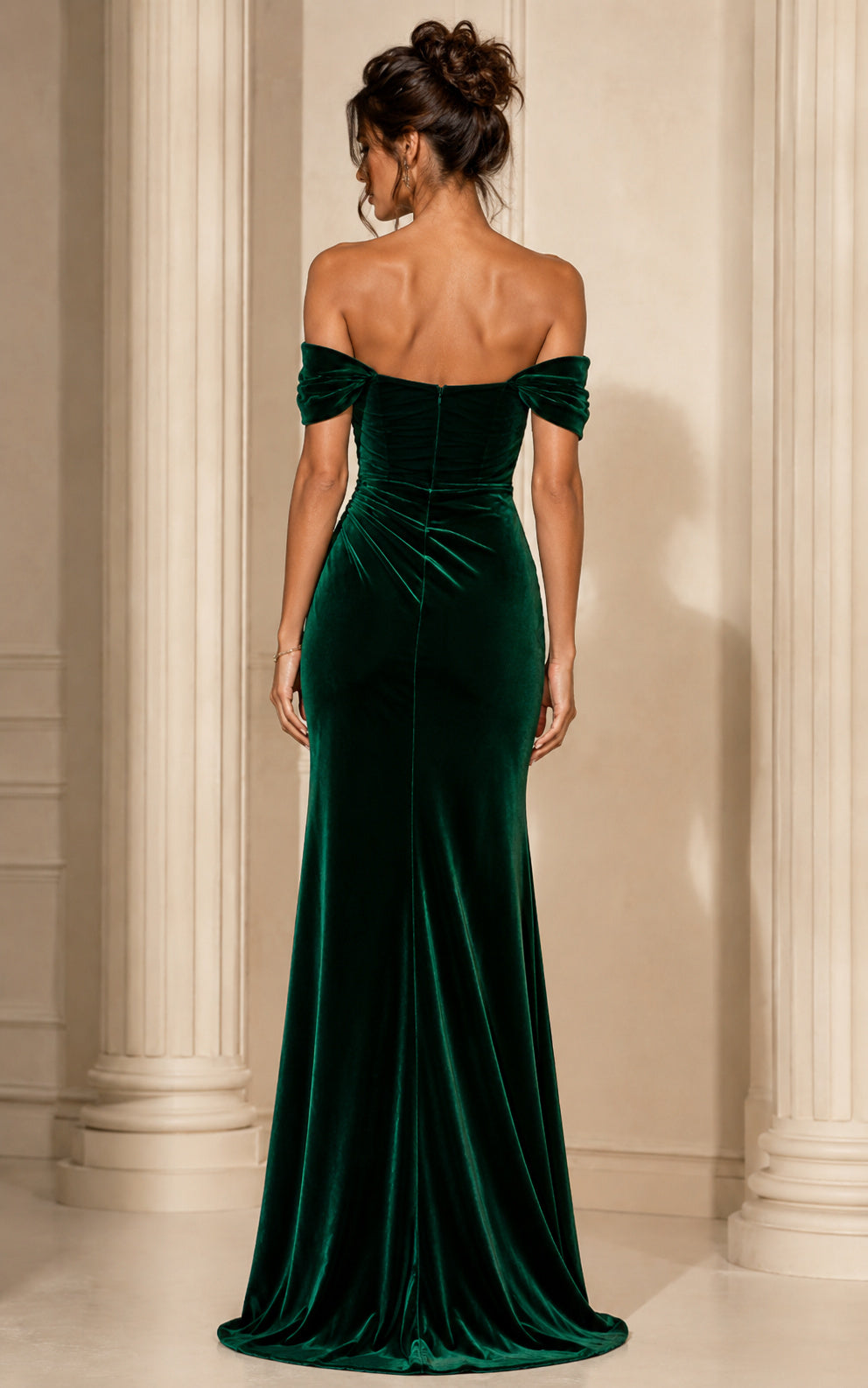 Emerald Green Velvet Off Shoulder Prom Dress Sweetheart Thigh Slit back view