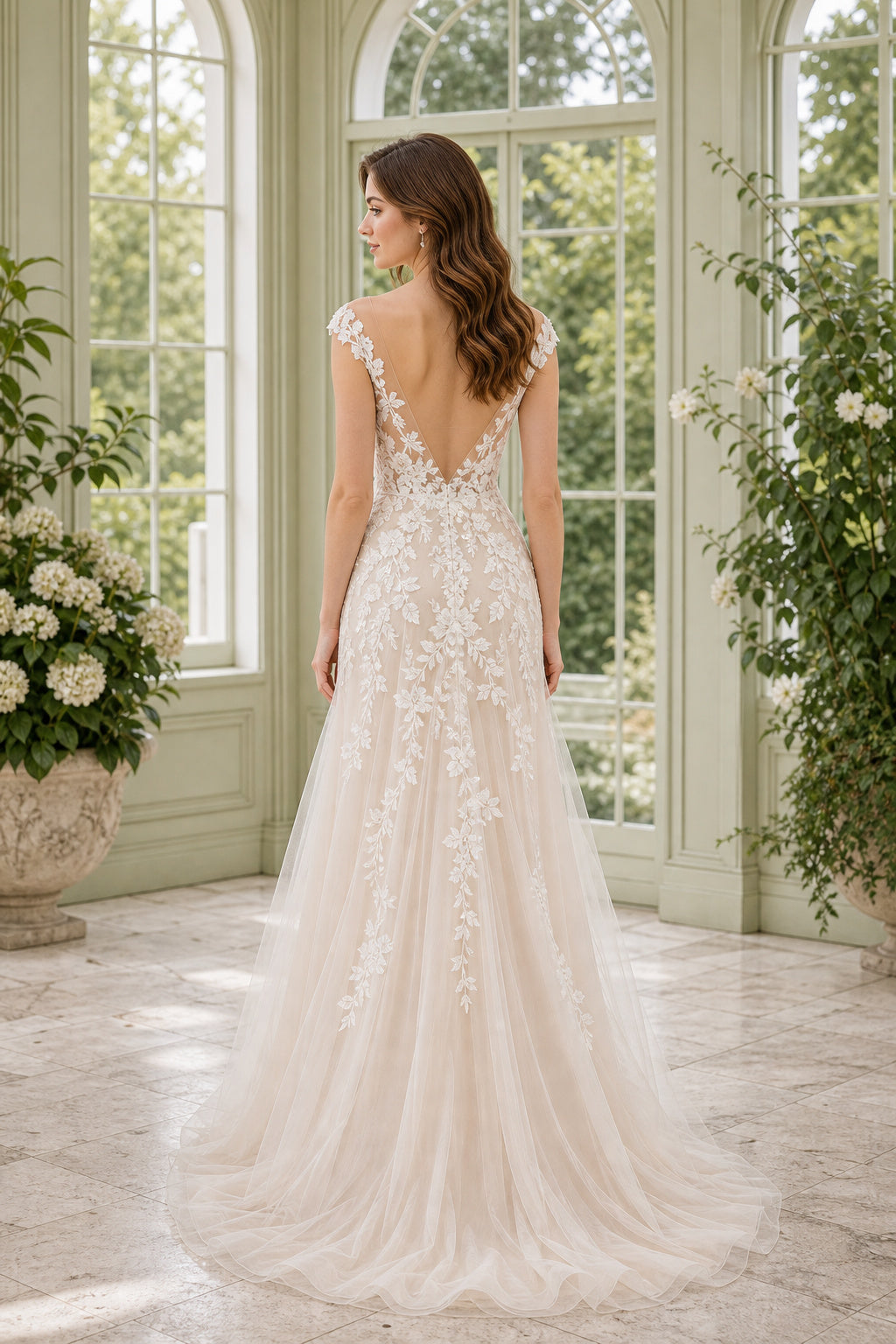 White Square A-Line Lace Floor-length Wedding Dress With Lace and Sweep Train and Open Back