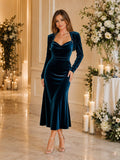 Formal Elegant Peacock Sweetheart Long Sleeve Velvet Midi Guest Dress front view