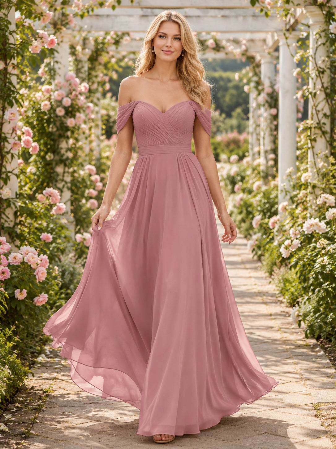 Dusty Rose Outdoor Garden A-Line Chiffon Bridesmaid Dress with Off-Shoulder Sweetheart Short Sleeve Bodice, Pleated Floor-Len
