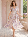 Lavender Wallpaper Floral Wrap Flutter Sleeve Midi Dress front view