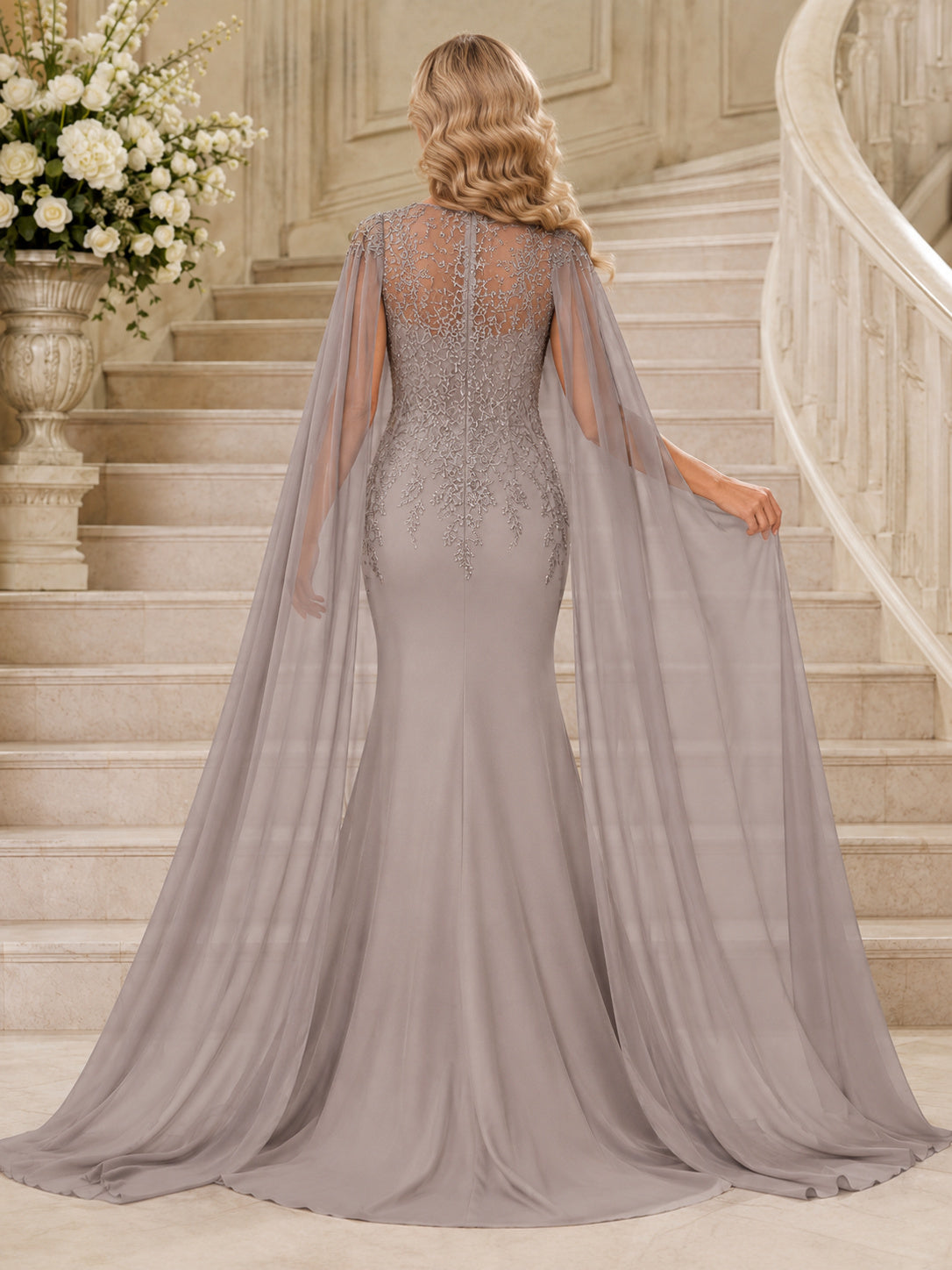 Silver Luxury Floor-Length Trumpet Mother of the Bride Beaded Gown with V-Neck Illusion Bodice Full Chiffon Cape and Sweep Tr
