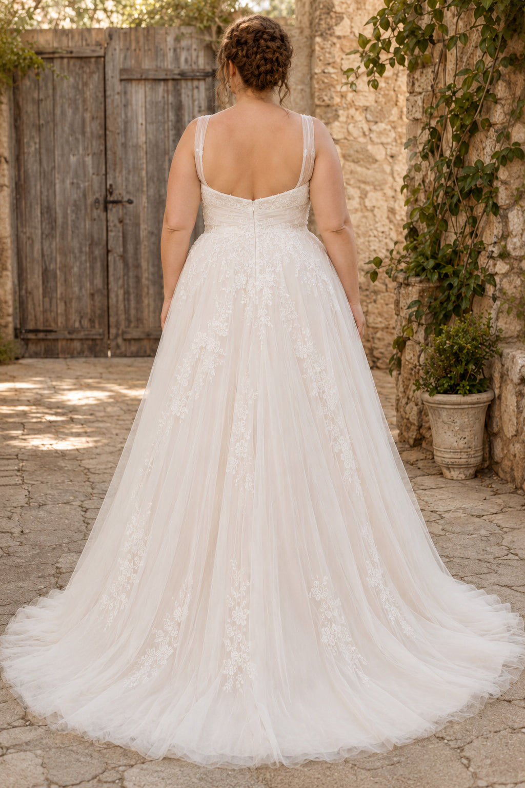 Ivory Plus Size Sweetheart Strap Lace A-Line Wedding Dress with Tulle Skirt and Train back view
