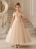 Champagne Bow Back Tulle A-Line Flower Girl Dress with Off-Shoulder Neckline, Cap Sleeves, and Tea-length Skirt front view