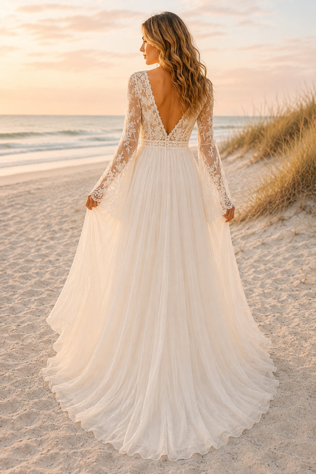 Ivory Long Sleeve V-Neck Lace Bodice Tulle A-Line Wedding Dress for Bridal Ceremony and Reception back view