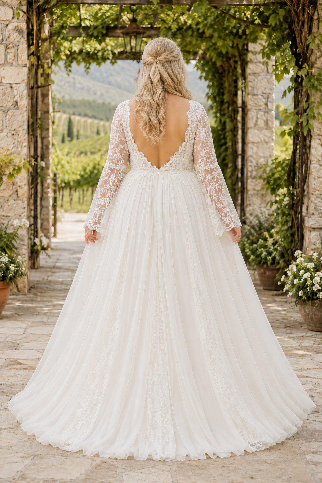 Plus Size Ivory V-Neck Long Illusion Sleeve Lace Tulle A-Line Wedding Dress with Long Lace Sleeves and Full Tulle Skirt back