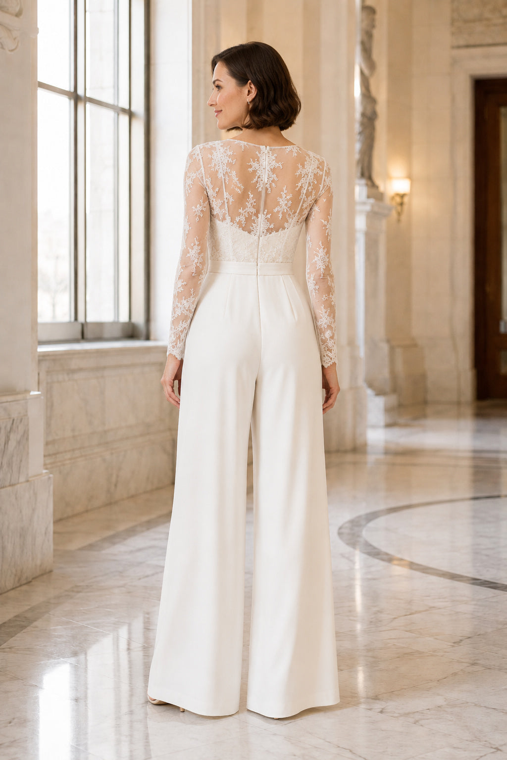 White Long Sleeve Lace Bodice Bridal Jumpsuit Style 720316 back view