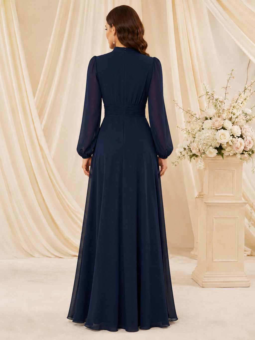 Navy High Neck Poet Sleeve Floor Length A Line Dress back view