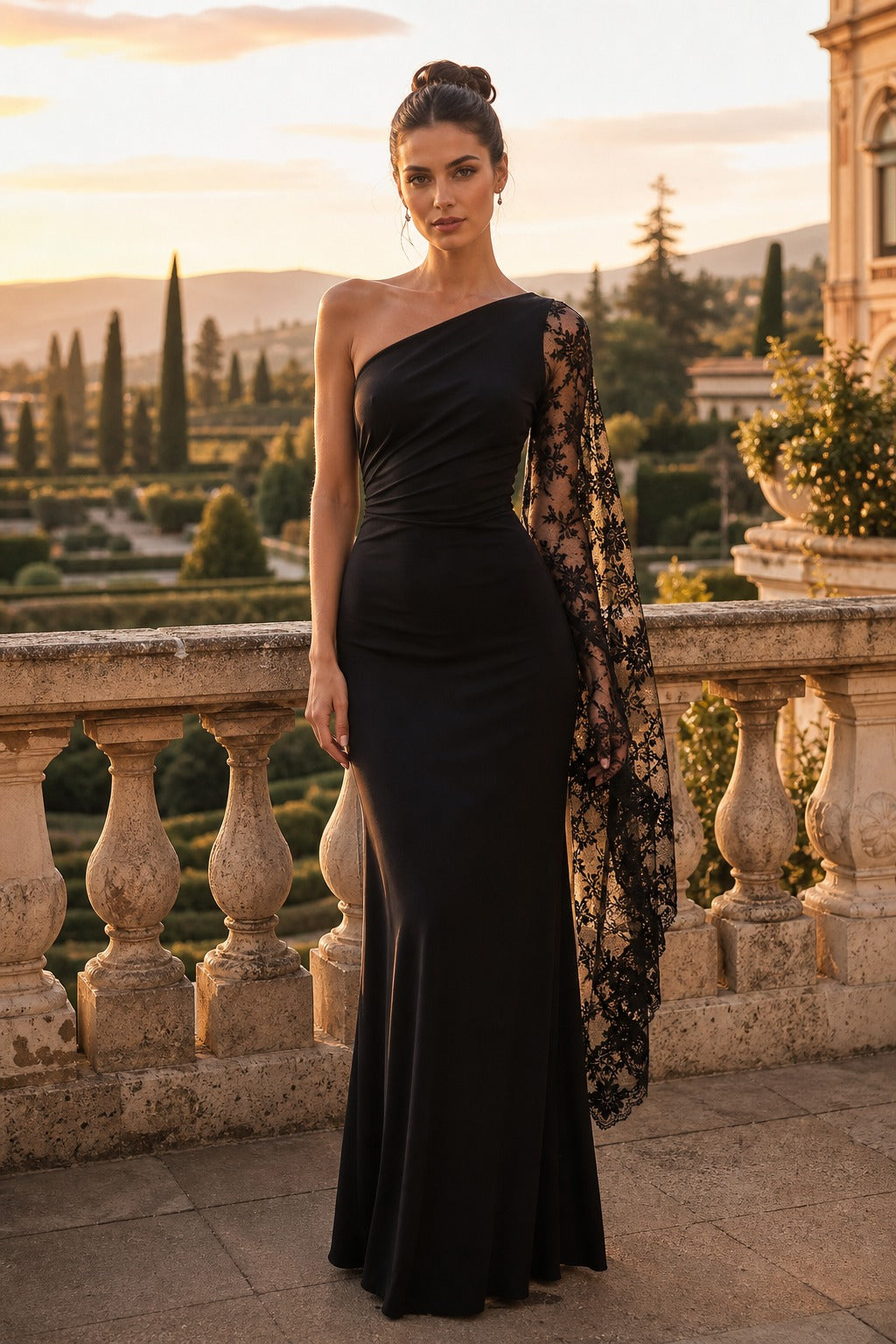 Black One-Shoulder Floor-Length Sheath Dress with Lace Cape