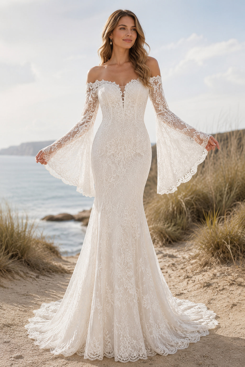 Ivory Off-the-Shoulder Bell Sleeve Mermaid Lace Wedding Dress with Sweep Train front view