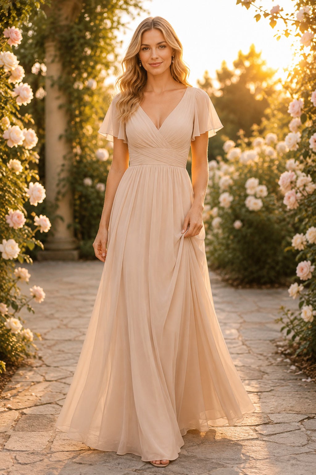 Champagne V-Neck Tulle A-Line Wedding Dress with Short Flutter Sleeves and Soft Skirt front view