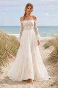 Off the Shoulder Long Sleeve A-Line Wedding Dress with Lace Bodice and Beach Train front view
