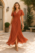 Papaya V-Neck Flutter Sleeve Chiffon A-Line Dress front view