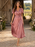 Country Dusty Rose Satin V-Neck Wrap A-Line Tea-Length Puff Sleeve Guest Dress front view
