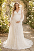 Ivory Maternity V-Neck Long Sleeve Lace A-Line Wedding Dress with Full Train front view