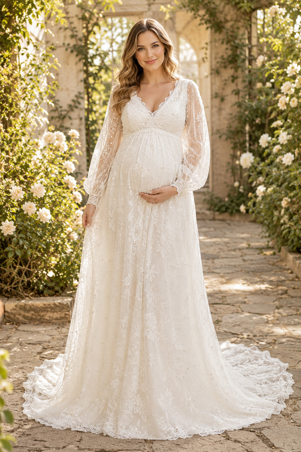 Ivory Maternity V-Neck Long Sleeve Lace A-Line Wedding Dress with Full Train front view