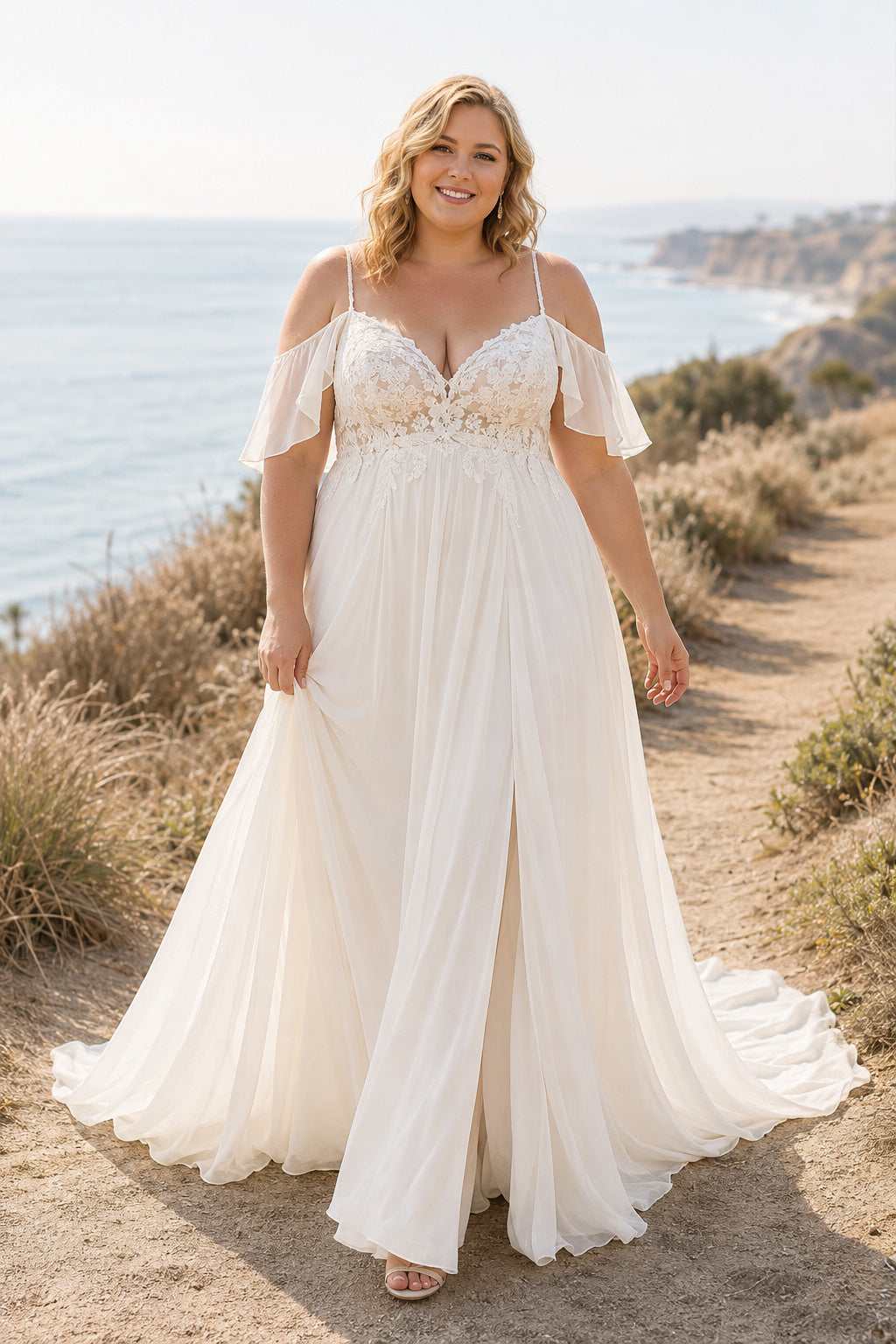 Plus Size Ivory Sweetheart Cold-Shoulder Flutter Sleeve Lace Tulle A-Line Wedding Dress with Cold-Shoulder Sleeves and Chiffo