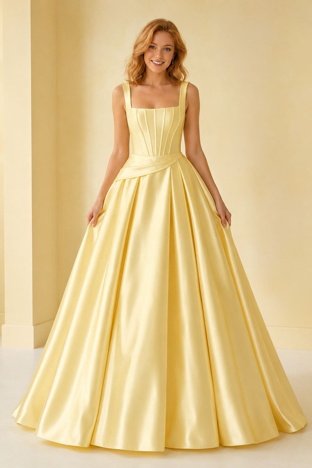 Prom Dress Daffodil Satin Ball Gown Square Neck Sleeveless Floor Length front view