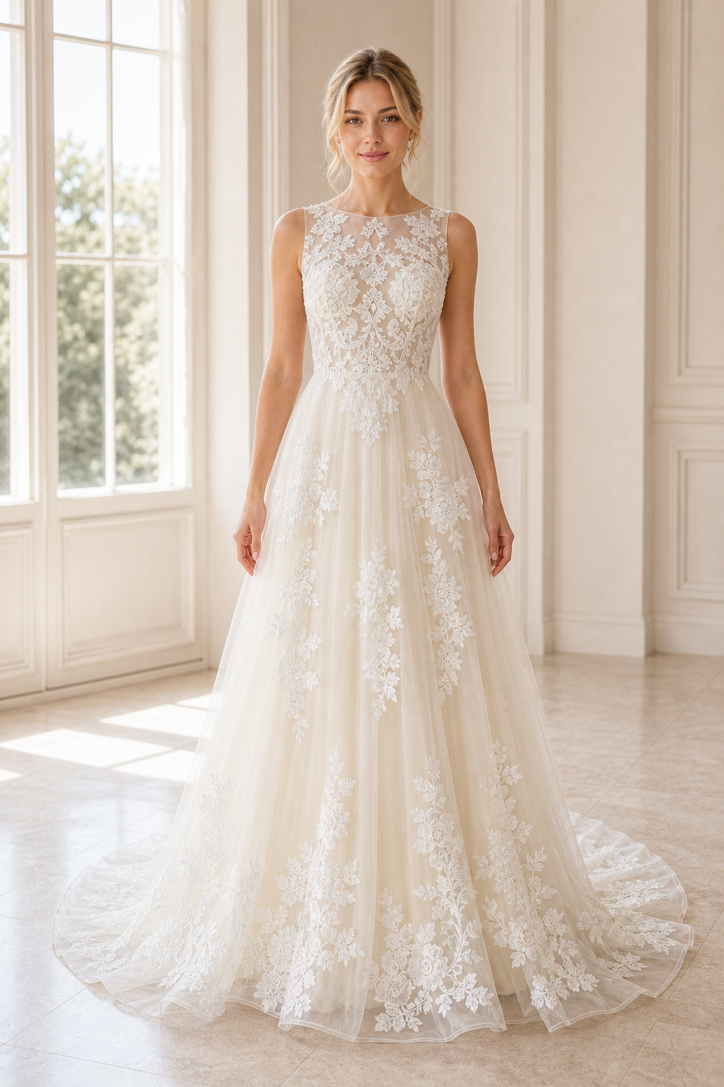White Off-the-shoulder A-Line Lace Floor-length Wedding Dress With Lace and Beaded Waist and Open Back