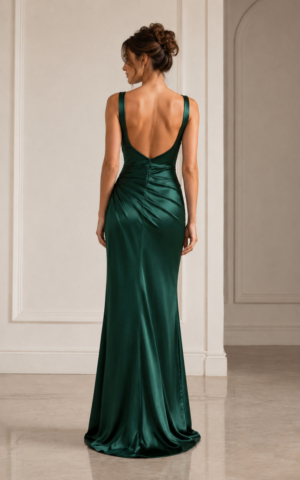 Dark Green Satin Formal Dress with Cowl Neck Open Back Ruched Sheath Gown back view