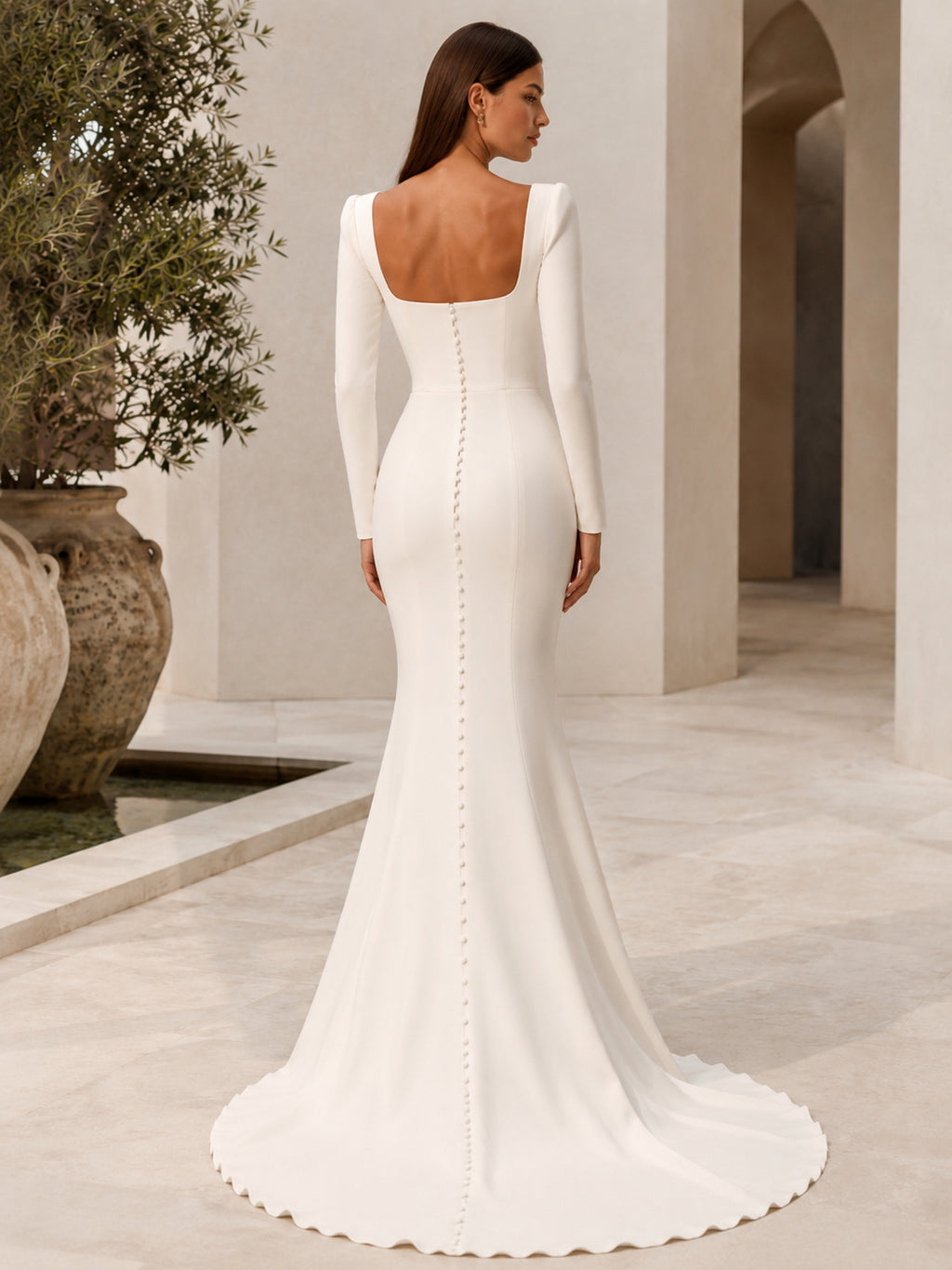 Square Neck Long Sleeve Satin Sheath Bridal Gown back view