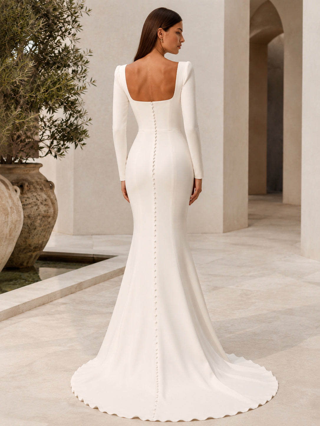 Square Neck Long Sleeve Satin Sheath Bridal Gown back view