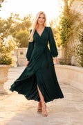 Dark Green Long Sleeve Chiffon Wrap A-Line Dress with V-Neck and Front Slit front view