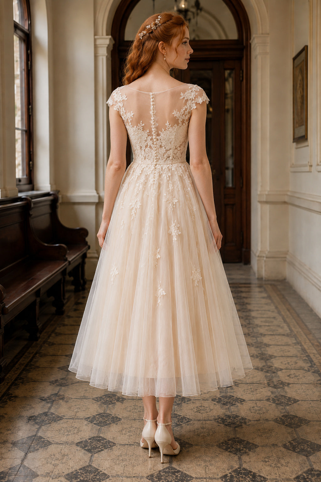 Champagne Illusion Jewel Neck Cap Sleeve Lace Tulle Tea-Length Wedding Dress with Floral Lace Bodice and Tulle Midi Skirt bac