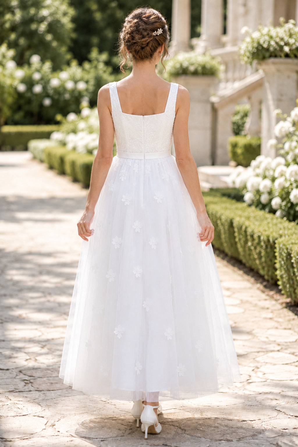 White Square Neck Sleeveless Lace Bodice with Soft Tulle Skirt Tea Length A-Line Wedding Dress back view