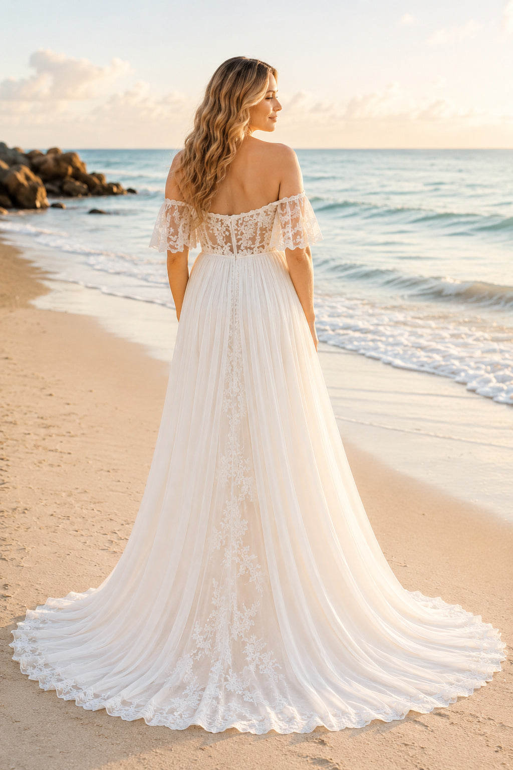 Ivory Off-the-Shoulder Lace Maternity Beach Wedding Dress with Sweep Train back view
