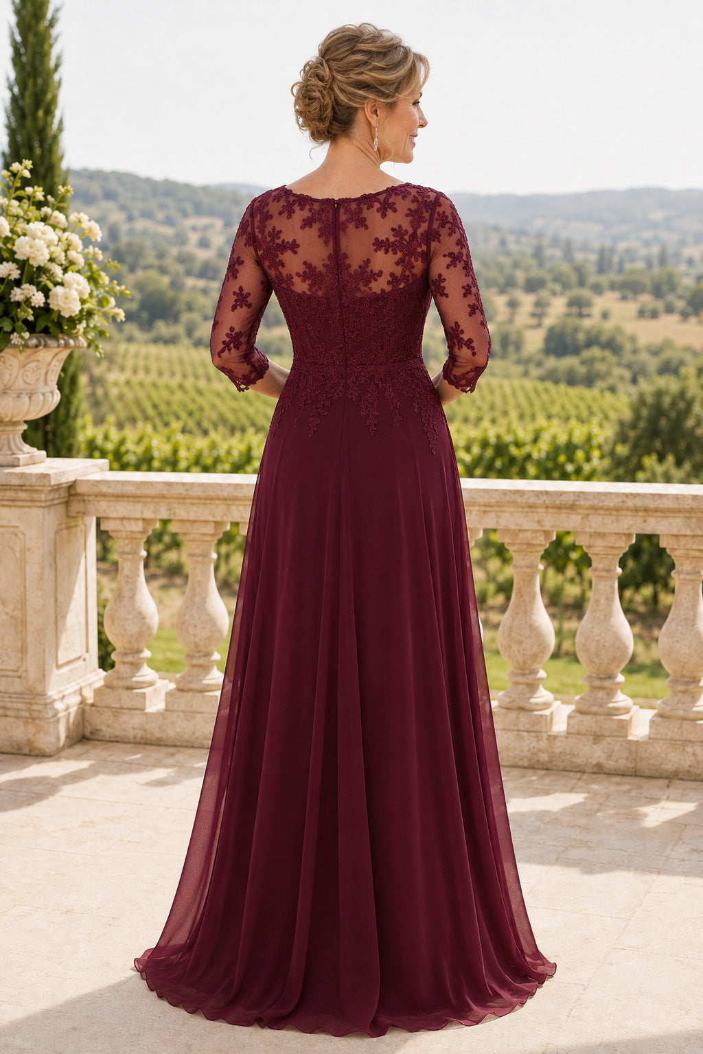 Burgundy Chiffon A-Line Mother Dress with Lace Illusion Three Quarter Sleeves back view