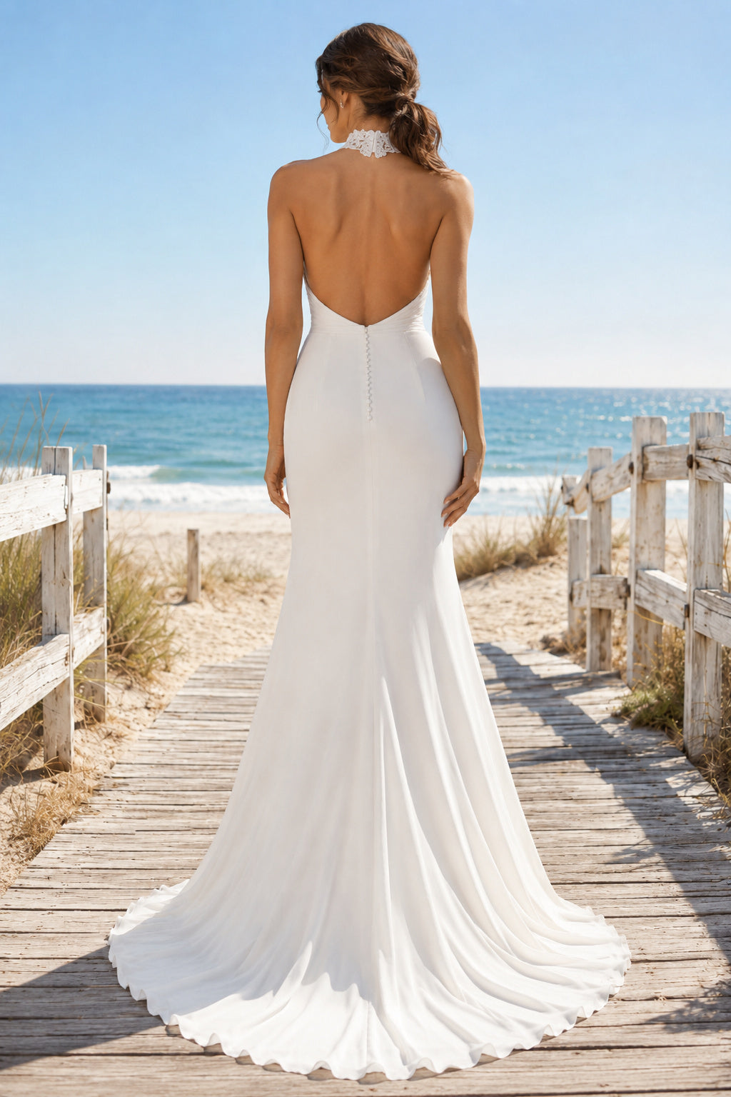 White Halter High Neck Stretch Satin Mermaid Wedding Dress Lace Bodice for Bridal Ceremony and Reception back view