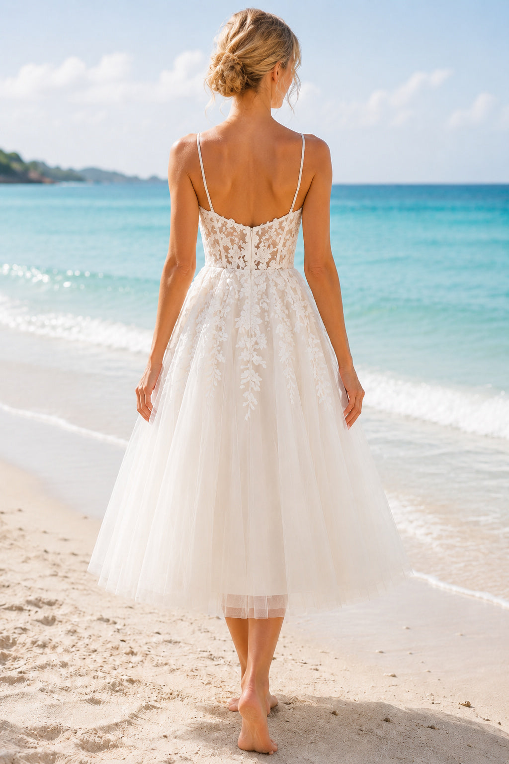 Ivory Spaghetti Strap Lace Sweetheart Bodice with Beach Tulle Skirt Tea Length A-Line Wedding Dress back view