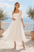 Ivory Square Neck Puff Sleeve Tulle Tea Length Wedding Dress for Wedding Reception and Party front view