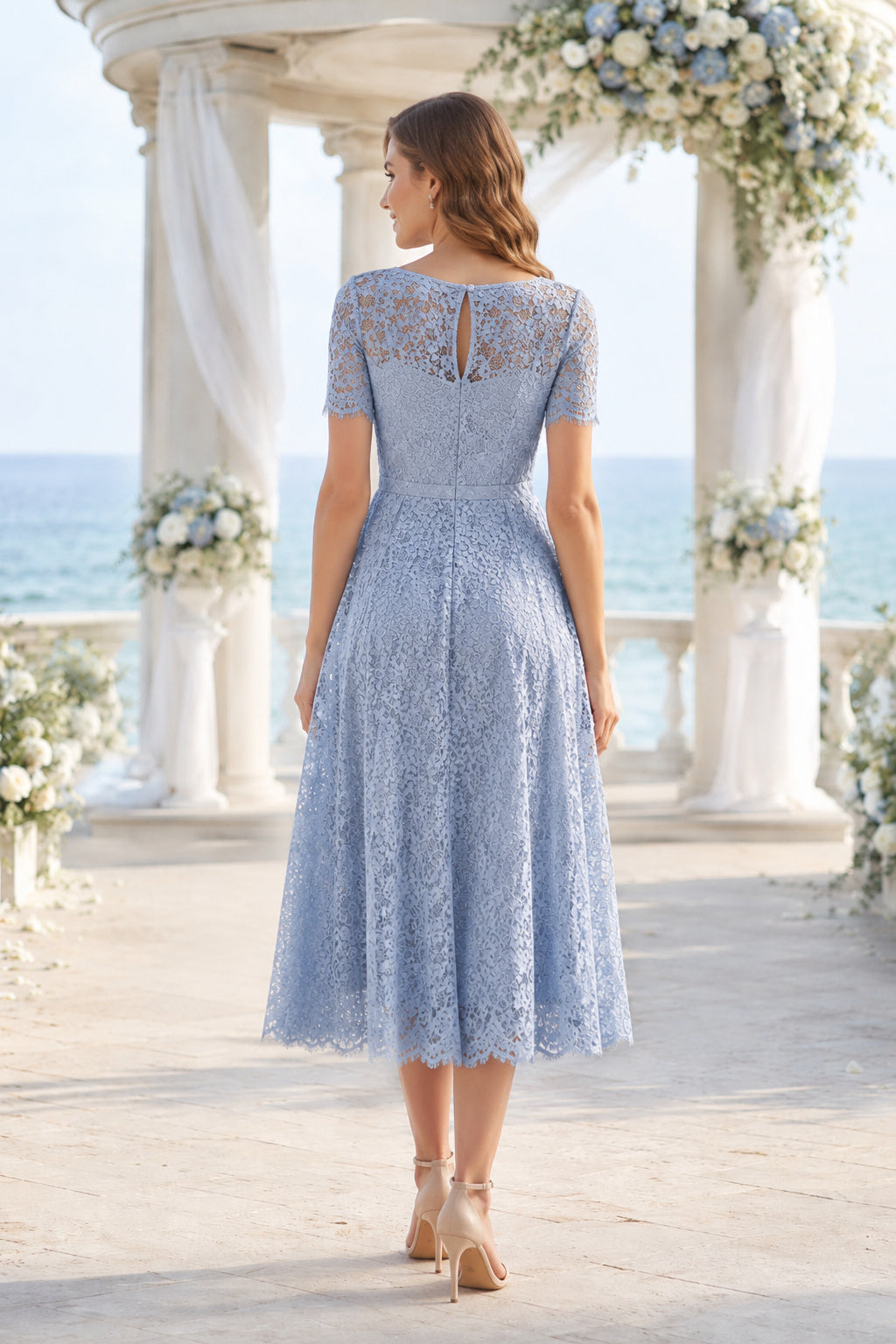 Dark Navy Elegant Midi Wedding Guest Sheath Dress back view