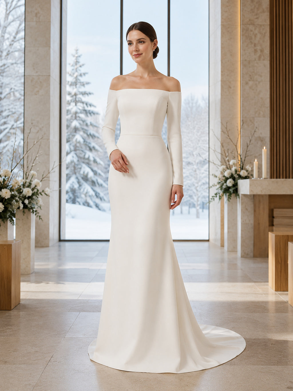Winter Minimalist Off Shoulder Long Sleeve Sheath Wedding Dress front view