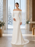 Winter Minimalist Off Shoulder Long Sleeve Sheath Wedding Dress front view