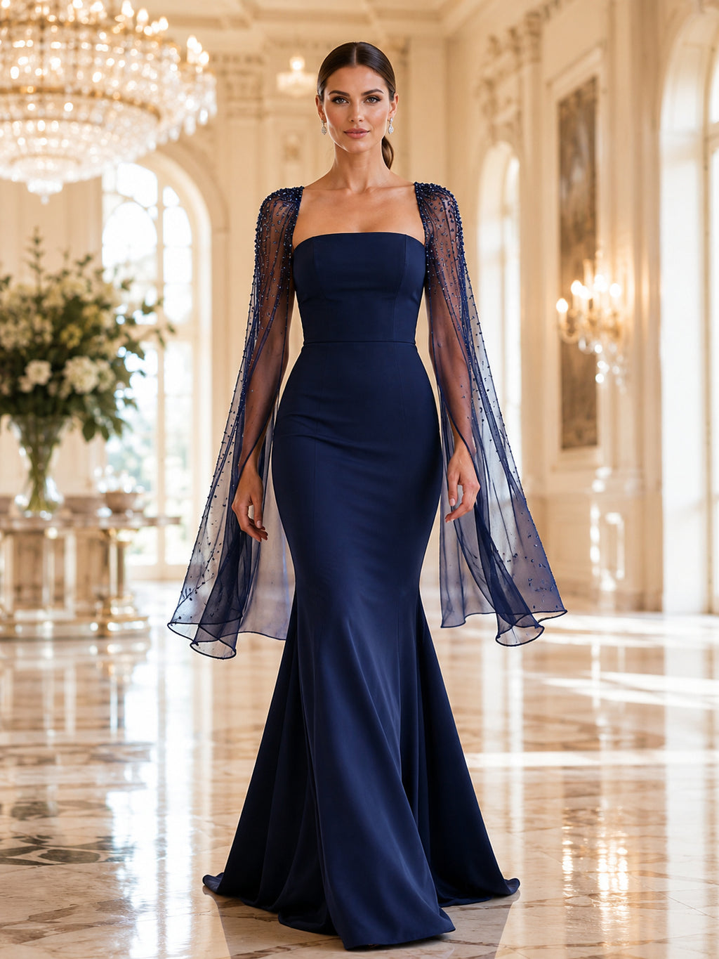 Dark Navy Strapless Mermaid Gown With Sheer Sleeves front view