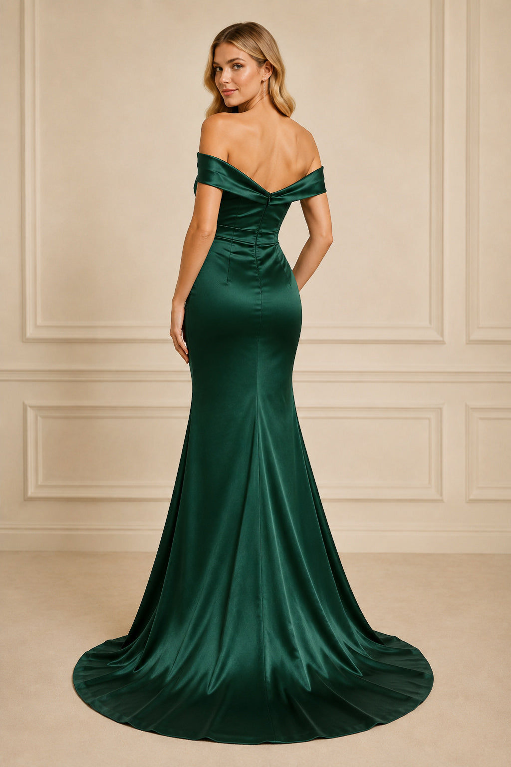 Dark Green Off-the-Shoulder Satin Mermaid Evening Dress with Train back view