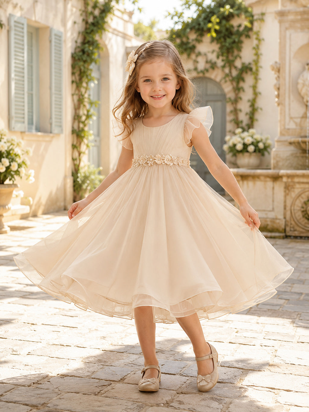 Champagne Flower Girl Dress Romantic Tea-Length A-Line Ruffle Sleeve Pleated Tulle Floral Beaded Waist front view