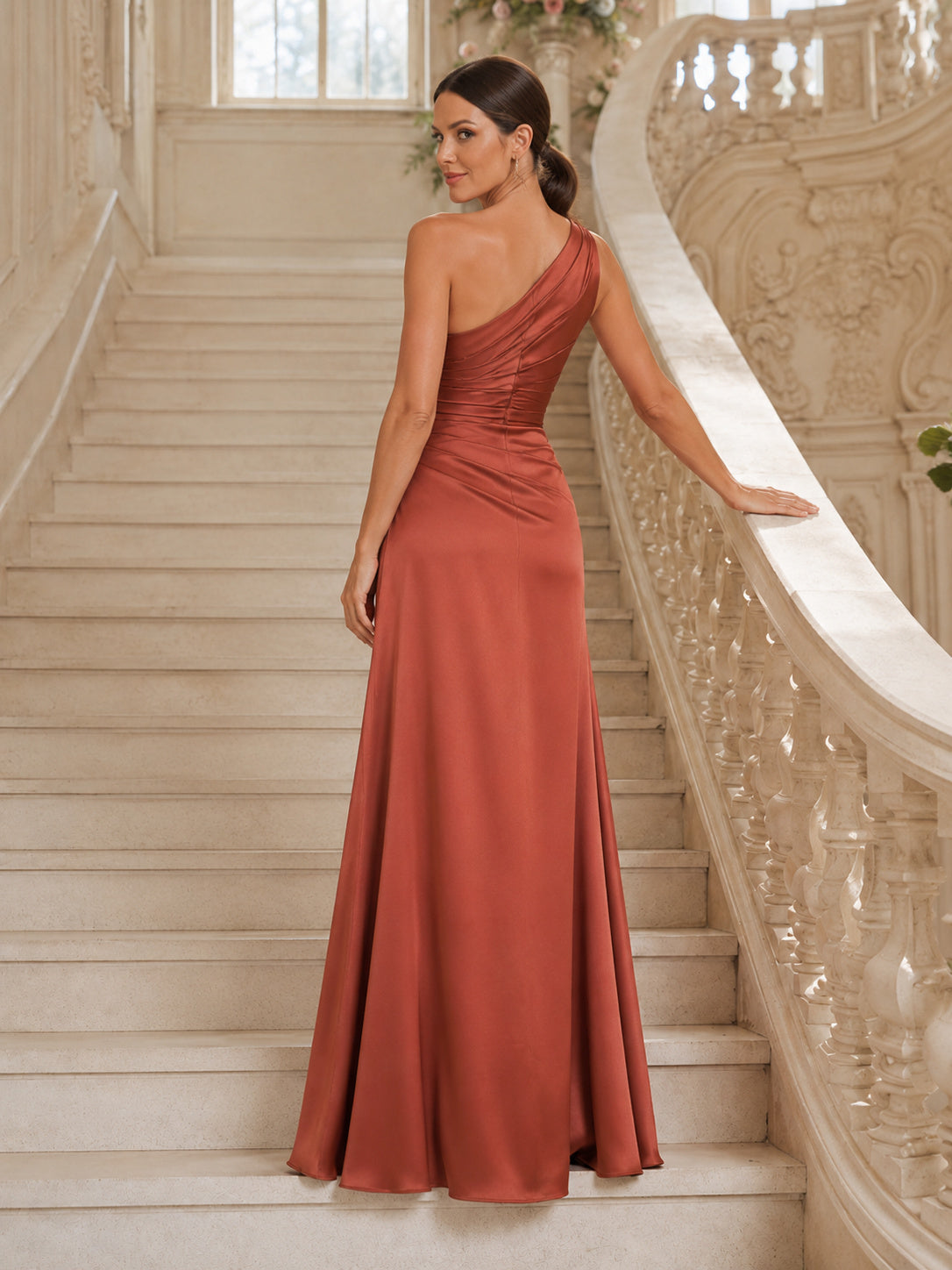 Terracotta one shoulder satin sheath floor length bridesmaid gown with slit back view