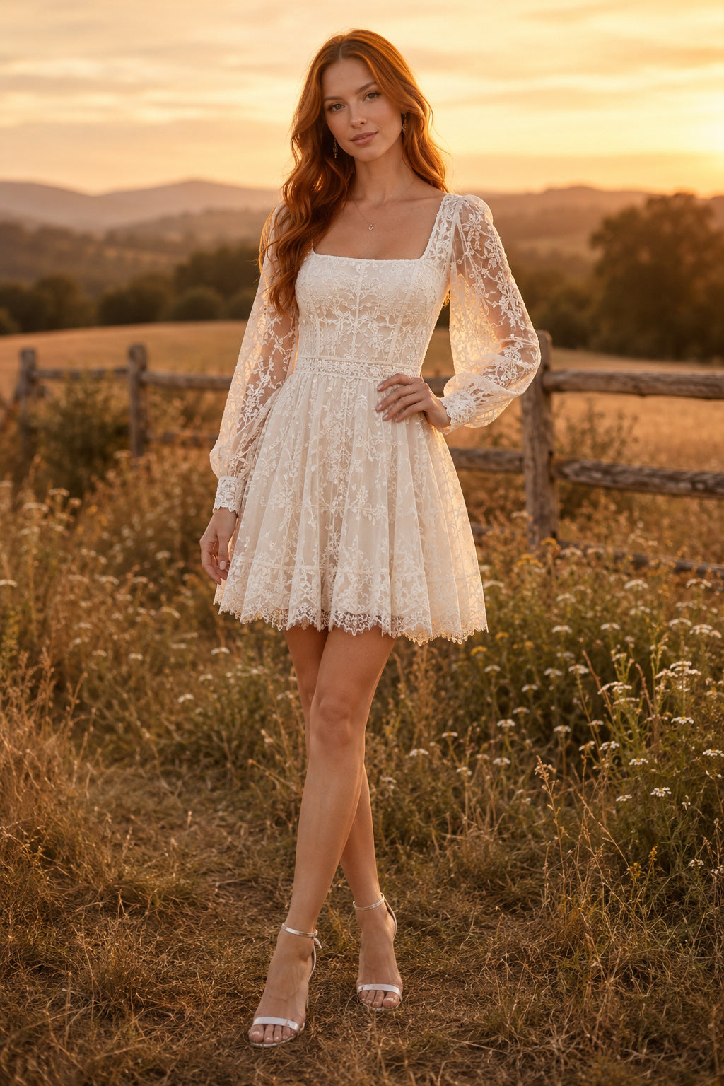Ivory Square Neck Bell Sleeve Lace Mini Reception Dress Corset Back for Wedding Reception and Party front view