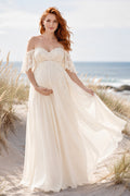 Ivory Off-the-Shoulder Chiffon Maternity Wedding Dress with Lace Trim front view