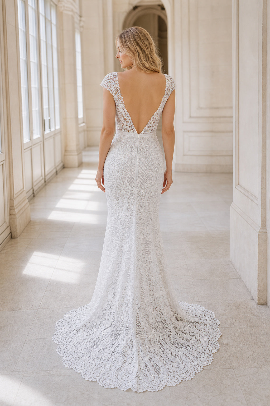 White Off-the-shoulder Long Sleeves A-Line Chiffon Floor-length Wedding Dress With Lace Bodice and Sweep Train