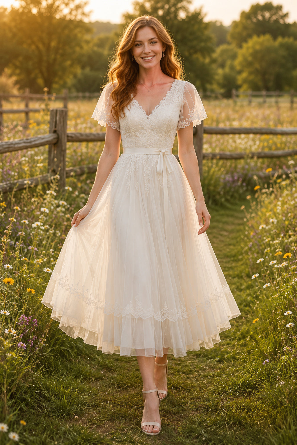 Ivory Flutter Sleeve V Neck Bodice with Soft Tulle Skirt Tea Length A-Line Wedding Dress front view